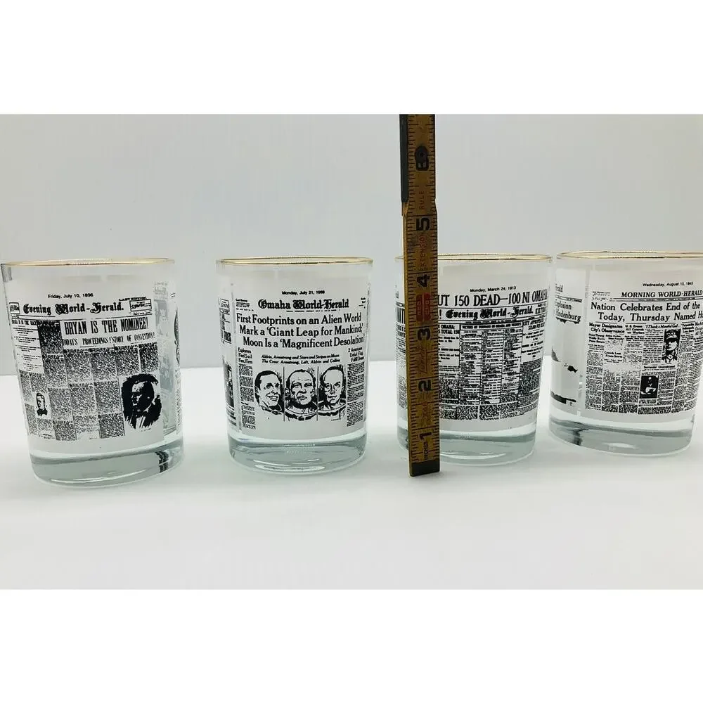 Vintage Omaha World Herald Historic Headlines Whiskey Glasses Set of 4 Gold Rim